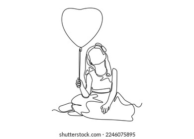 Single one line drawing pretty girl sits and holds a heart balloon. Wedding Concept. Continuous line draw design graphic vector illustration.