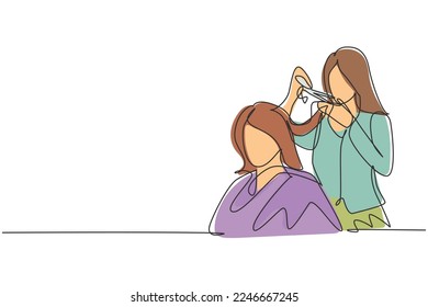 Una sola línea dibujando una bonita morena trabajando como peluquera y cortando el pelo de una clienta femenina en un salón de belleza. El concepto de peinado. Ilustración gráfica de diseño de trazos de línea continua