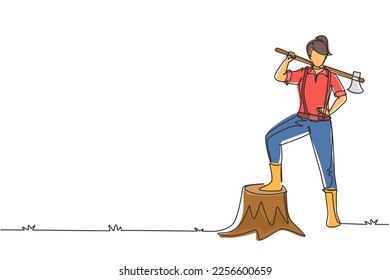 Una sola línea dibujando a una bonita mujer con una camisa, jeans, botas. Sujetando sobre su hombro un hacha posando con un pie sobre un trozo de árbol. Ilustración gráfica de diseño de trazos de línea continua