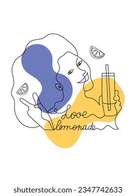 Una única línea dibujando una bonita mujer sostiene un vaso de limonada. Dibujado en un estilo de línea. La inscripción me encanta la limonada a mano. Ilustración vectorial con puntos abstractos