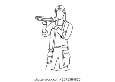 Single one line drawing pretty young carpenter woman carrying wood on her shoulder in a workshop. Building construction and renovation. Modern continuous line draw design graphic vector illustration