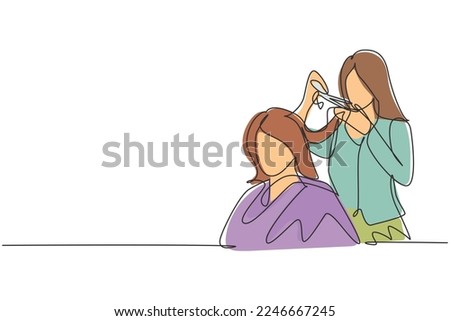 Single one line drawing pretty brunette working as hairdresser and cutting hair tips of female customer in beauty salon. Hair style concept. Continuous line draw design graphic vector illustration