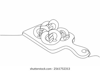 Single one line drawing pretzels are stacked on a thick wooden cutting board. Fresh from the oven. Cool before wrapping. Delicious. National Pretzel Day. Continuous line design graphic illustration