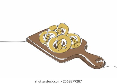 Single one line drawing pretzels are stacked on a thick wooden cutting board. Fresh from the oven. Cool before wrapping. Delicious. National Pretzel Day. Continuous line design graphic illustration