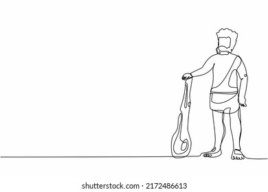 Single one line drawing primitive archaic man dressed in clothes made of animal skin and holding cudgel. Caveman from stone age. Neanderthal hunter. Continuous line graphic design vector illustration