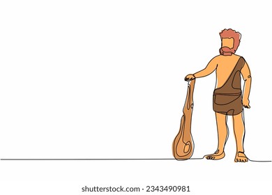 Single one line drawing primitive archaic man dressed in clothes made of animal skin and holding cudgel. Caveman from stone age. Neanderthal hunter. Continuous line graphic design vector illustration