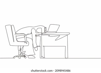 Single one line drawing professional burnout syndrome. Exhausted sick tired Arab male manager in office sad boring sitting with head down on laptop. Continuous line design graphic vector illustration