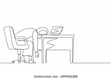 Síndrome de quemazón profesional de dibujo de una sola línea. Exhausto y cansada mujer gerente árabe en la oficina triste aburrida sentada con la cabeza en la laptop. Ilustración vectorial de dibujo de línea continua