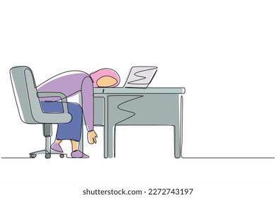 Single one line drawing professional burnout syndrome. Exhausted sick tired Arabic female manager in office sad boring sitting with head down on laptop. Continuous line draw design vector illustration