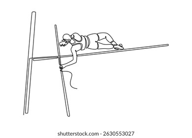 Una sola línea dibujando a una atleta profesional en el campeonato nacional saltando con éxito sobre la barra. Ágil, explosivo, precisión, flexibilidad. Ilustración vectorial gráfica de diseño de línea continua