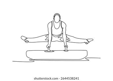 Single one line drawing professional male gymnast doing the splits and balancing on the pommel horse in championship gymnastics artistic. Modern continuous line draw design graphic vector illustration