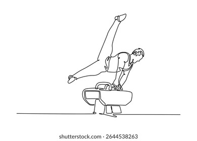 Um único desenho de linha ginasta profissional exercício cavalo de alças na ginástica do campeonato, apoio com mãos no cavalo, pés de balanço. Desenho de linha contínua moderna desenho gráfico vetor ilustração