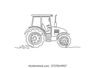 Una sola línea que dibuja el tractor agrícola moderno profesional con una cabina de conductor y los neumáticos rodados Grandes. Vehículo agrícola para la cosecha rural. Ilustración vectorial gráfica de diseño de dibujo de línea continua