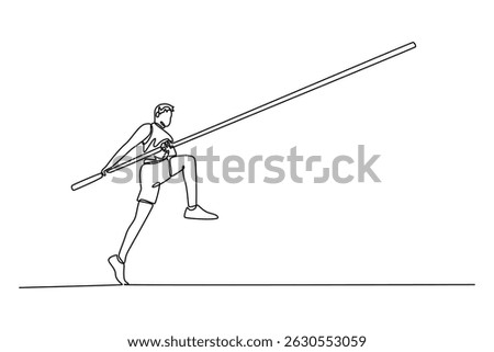 Single one line drawing professional male pole vaulter ready to overcome difficulties, training for tournament. Practicing at outdoors stadium. Continuous line draw design graphic vector illustration