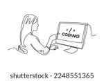 Single one line drawing Programmers or developers make programming language code in front of the computer. Programming code concept. Continuous line draw design graphic vector illustration.