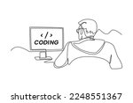 Single one line drawing Programmers or developers make programming language code in front of the computer. Programming code concept. Continuous line draw design graphic vector illustration.
