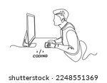 Single one line drawing Programmers or developers make programming language code in front of the computer. Programming code concept. Continuous line draw design graphic vector illustration.