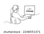 Single one line drawing Programmers or developers make programming language code in front of the computer. Programming code concept. Continuous line draw design graphic vector illustration.