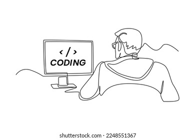 Single one line drawing Programmers or developers make programming language code in front of the computer. Programming code concept. Continuous line draw design graphic vector illustration.