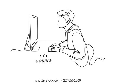 Single one line drawing Programmers or developers make programming language code in front of the computer. Programming code concept. Continuous line draw design graphic vector illustration.