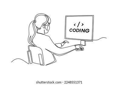 Single one line drawing Programmers or developers make programming language code in front of the computer. Programming code concept. Continuous line draw design graphic vector illustration.