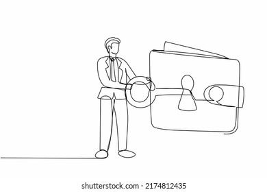 Single one line drawing protective businessman close on key huge wallet. Money wallet with security system. Money protection financial security. Continuous line draw design graphic vector illustration