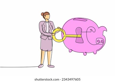 Single one line drawing protective businesswoman put key into piggybank. Finance protection for personal use. Security in saving banking system. Continuous line draw design graphic vector illustration