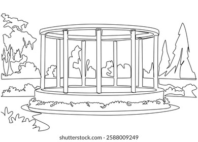 Single one line drawing public garden with paths, pillars and garden circles. The view is like the imperial era. Historical. National Public Gardens Day. Continuous line design graphic illustration