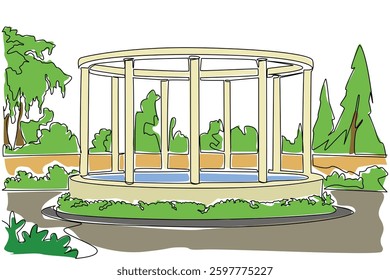 Single one line drawing public garden with paths, pillars and garden circles. The view is like the imperial era. Historical. National Public Gardens Day. Continuous line design graphic illustration
