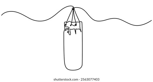 Single one line drawing punching bag. Fitness equipment concept. Continuous line draw design graphic vector illustration, Boxing training punch bag continuous one line drawing, Continuous one line.