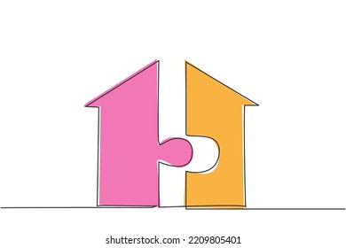 Single one line drawing of puzzle piece form house building shape symbol. Business property real estate minimal concept. Modern continuous line draw design graphic vector illustration