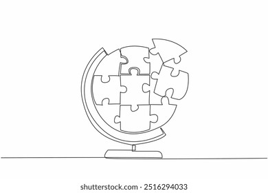 Uma única linha desenhando uma peça de quebra-cabeça em forma de globo. Jogue enquanto aprende. Conheça o mundo através dos jogos. Ajuste a nitidez do cérebro. Dia Nacional do Quebra-cabeça. Ilustração gráfica de design de linha contínua