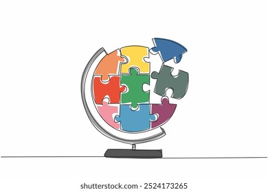Uma única linha desenhando uma peça de quebra-cabeça em forma de globo. Jogue enquanto aprende. Conheça o mundo através dos jogos. Ajuste a nitidez do cérebro. Dia Nacional do Quebra-cabeça. Ilustração gráfica de design de linha contínua