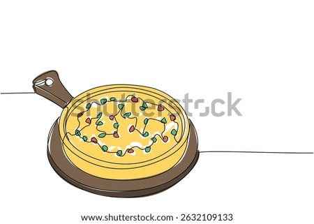 Single one line drawing quiche lorraine with a sprinkling of celery leaves on a round wooden cutting board. A savory pie. National Quiche Lorraine Day. Continuous line design graphic illustration