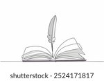 Single one line drawing quill in the middle of open book. Classical era writing instruments. Recording knowledge. Vintage. International Day of Education. Continuous line design graphic illustration