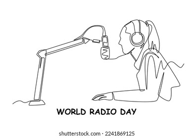 Single one line drawing Radio host speaks into the microphone on the air. Broadcasting. World radio day concept. Continuous line draw design graphic vector illustration.