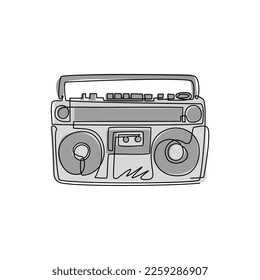 Single one line drawing radio tape or boombox black and white music emblem. Tape recorder monochrome graffiti. Retro radio icon symbol. Modern continuous line draw design graphic vector illustration