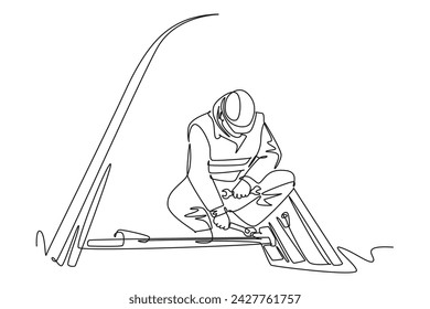 single one line drawing of rail workers adjust wrench. all about station and train activity. Simple line, train activity.