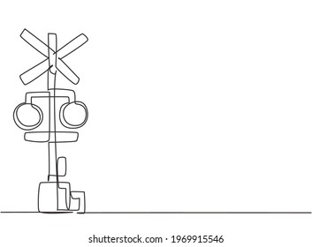 Single one line drawing railway barrier and signs   warning lights in an open position that allows vehicles to cross railway lines  Modern continuous line draw design graphic vector illustration