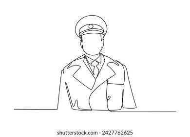 single one line drawing of railway conductor salutes to pasengger. all about station and train activity. Simple line, train activity.