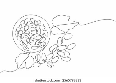 Single one line drawing raisin in a small bowl and leaves and grapes. Made from sweet seedless grapes. Snacks or toppings on food. National Raisin Day. Continuous line design graphic illustration