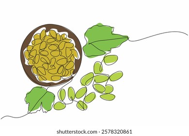 Single one line drawing raisin in a small bowl and leaves and grapes. Made from sweet seedless grapes. Snacks or toppings on food. National Raisin Day. Continuous line design graphic illustration