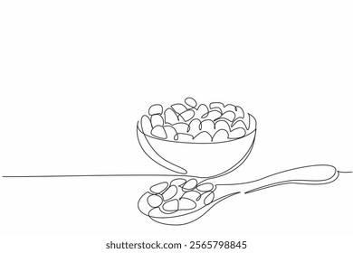 Single one line drawing raisins on a small wooden bowl and on a wooden spoon. Derived from dried grapes. Unique sweet and sour. Tasty. National Raisin Day. Continuous line design graphic illustration