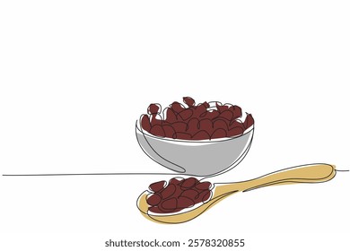 Single one line drawing raisins on a small wooden bowl and on a wooden spoon. Derived from dried grapes. Unique sweet and sour. Tasty. National Raisin Day. Continuous line design graphic illustration