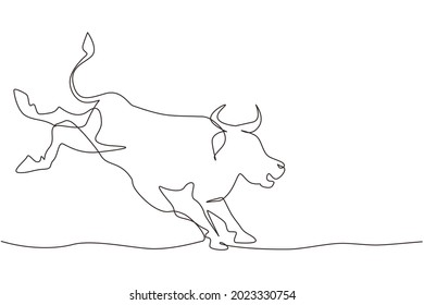 Single one line drawing rampage bull kick back at rodeo arena. Strong bull rodeo with hind legs raised or kicking mighty. Angry rodeo bull show. Continuous line draw design graphic vector illustration