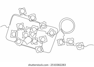 Una sola línea dibujando ravioles extendidos en una tabla de cortar. La masa está hecha. El siguiente paso es cocinar. Disfrútalo caliente con salsa de tomate. Día Nacional de los Ravioles. Ilustración gráfica de diseño de línea continua