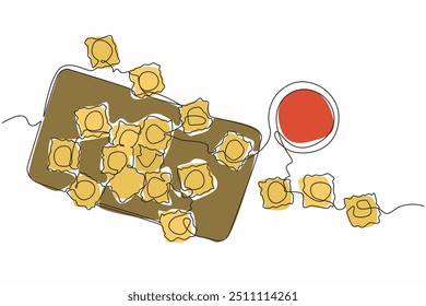 Einzeilige Zeichnung Ravioli verteilt auf einem Schneidebrett. Der Teig ist fertig. Der nächste Schritt ist das Kochen. Genießen Sie es warm mit Tomatensauce. Nationaler Ravioli-Tag. Grafische Illustration zum Liniendesign