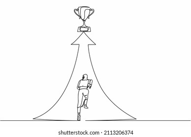 Alcance de dibujo de una sola línea para trofeo. Una mujer de negocios corre a la mira. Mujeres trabajando por objetivos, éxito, desarrollo, capacidad, victoria, motivación. Ilustración vectorial de diseño de línea continua