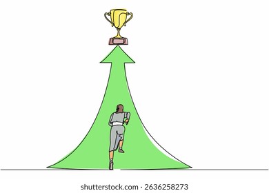 Single one line drawing reach for trophy. Businesswoman runs to target. Female working for goal, success, development, ability, victory, motivation. Continuous line design graphic vector illustration