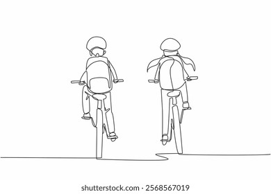 Single one line drawing rear view of a boy and a girl riding a bicycle side by side. Be aware of safety while biking. Bikers. National Bike to School Day. Continuous line design graphic illustration